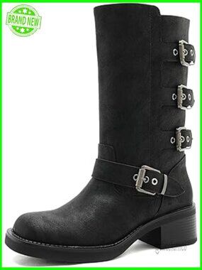 Chunky Mid Calf Dressy Motorcycle Combat Boots Low Heel